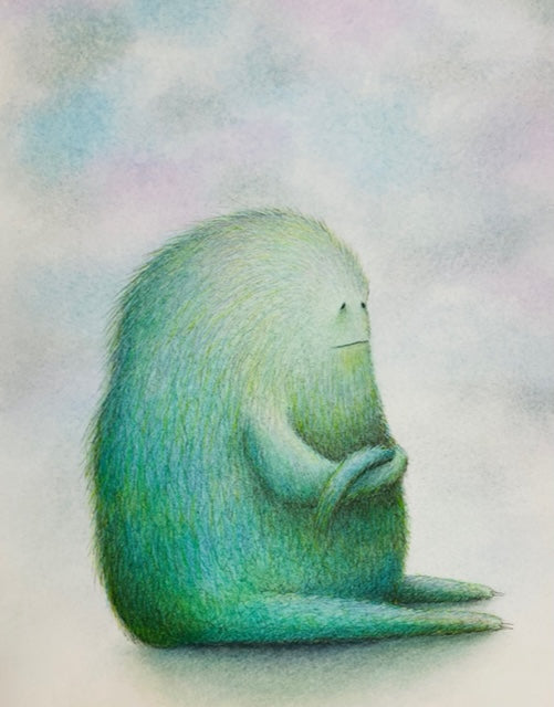 Image is a watercolor painting by artist Obsolete World. It shows a fuzzy, green creature sitting and looking off into the distance with a pensive expression.